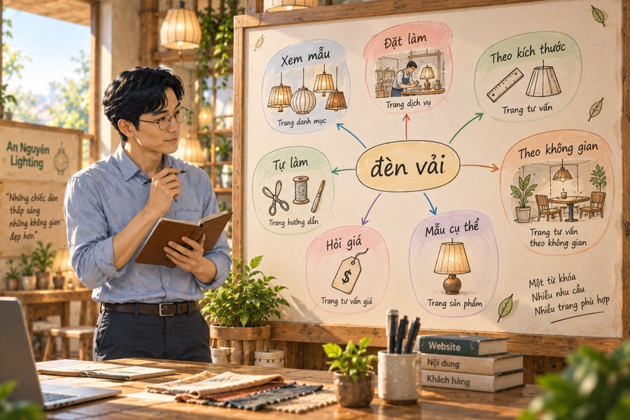 Mindmap từ khóa đèn vải tách thành nhiều nhóm nhu cầu tìm kiếm
