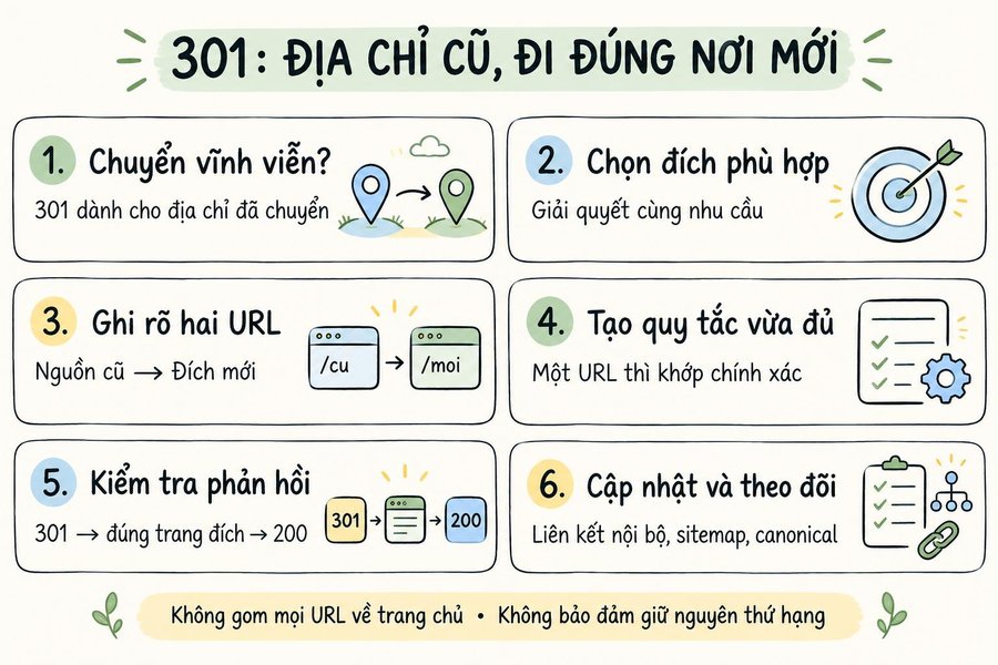 Sketchnote sáu bước chọn đích, tạo và kiểm tra chuyển hướng 301