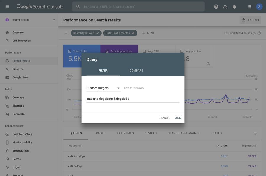 Hộp lọc Query trong Search Console với lựa chọn Custom Regex