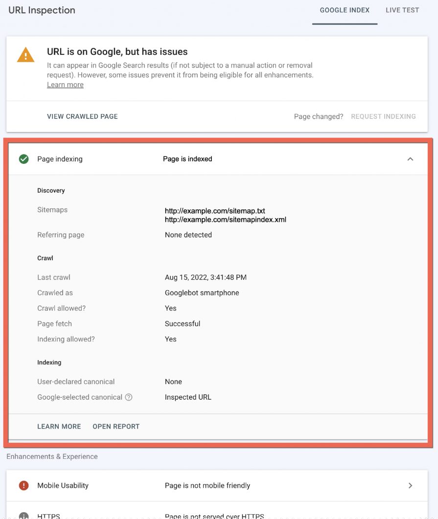 Chi tiết kiểm tra URL với các nhóm Discovery, Crawl và Indexing