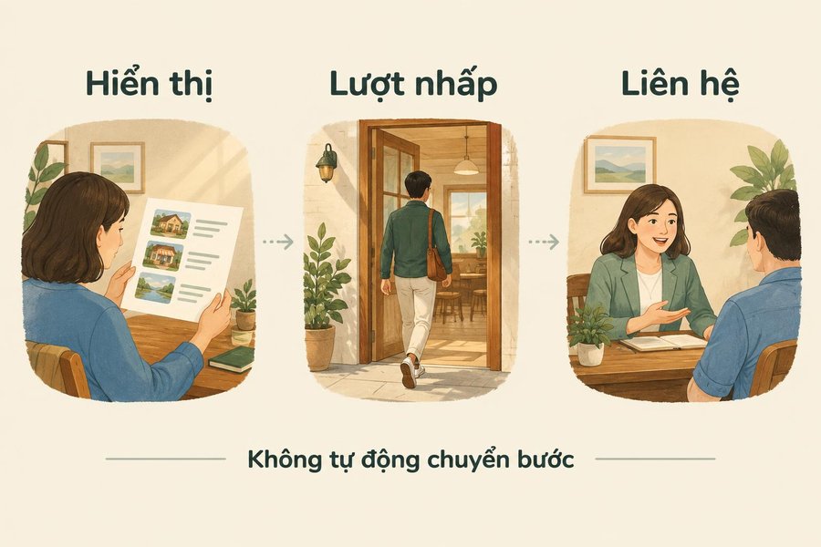 Ba bước khác nhau từ xuất hiện trong kết quả tìm kiếm đến lượt nhấp và liên hệ.