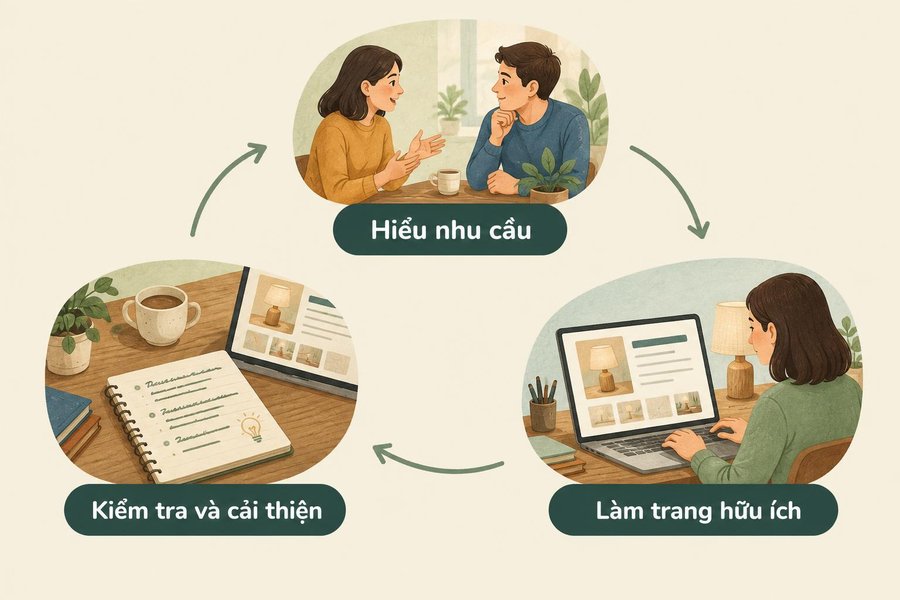 Vòng làm việc gồm hiểu nhu cầu, làm trang hữu ích, kiểm tra và cải thiện.