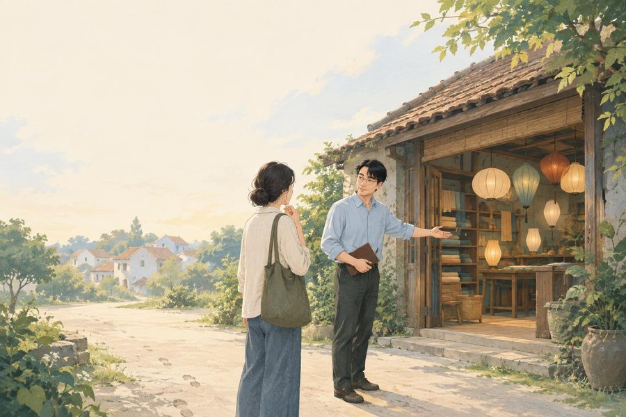 Anh Gồ chỉ đường đến xưởng đèn, một người tìm kiếm đang cân nhắc ghé thăm.
