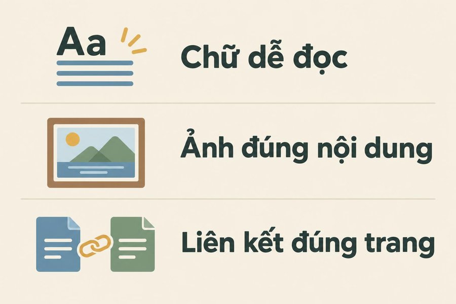 Ba việc cần kiểm tra trên bản xem trước: chữ dễ đọc, ảnh đúng nội dung và liên kết mở đúng trang