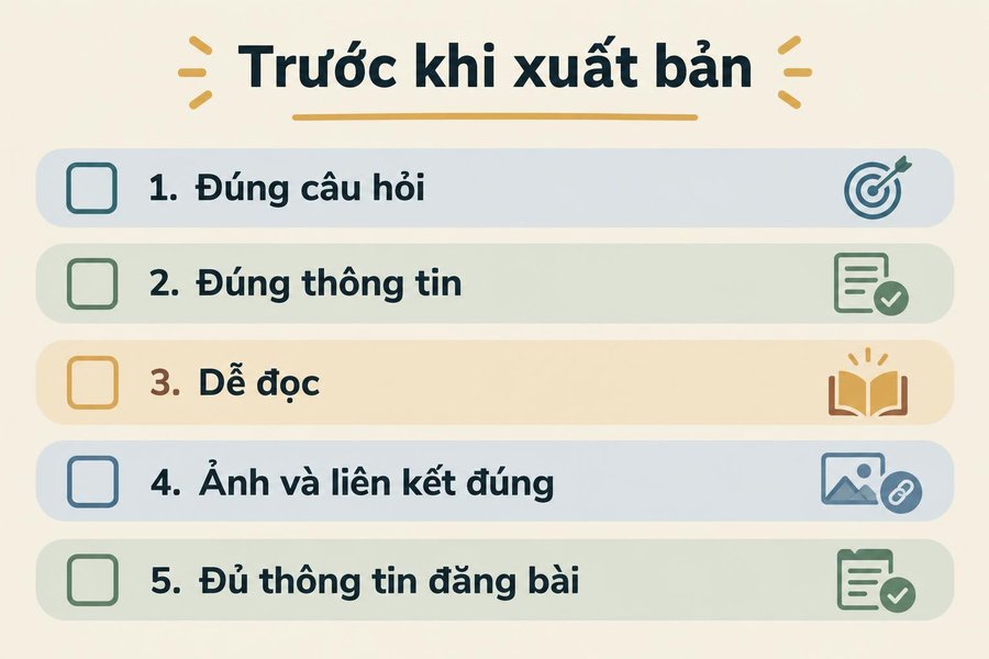 Bảng kiểm năm việc trước khi xuất bản: trả lời đúng câu hỏi, thông tin chính xác, dễ đọc, ảnh và liên kết đúng, thông tin đăng bài đầy đủ