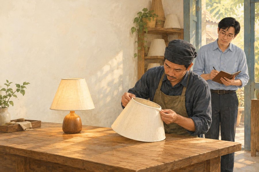 Người thợ kiểm tra chiếc chao đèn đã hoàn thiện trước khi giao, Anh Gồ đứng gần cửa quan sát