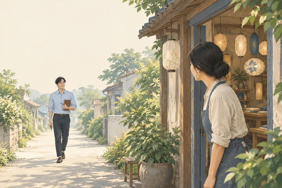 Người chủ xưởng đèn chờ Anh Gồ ghé thăm ngôi nhà vừa mở cửa.