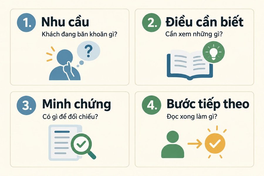 Bốn phần của bài hỗ trợ: nhu cầu của khách, điều cần biết, minh chứng và bước tiếp theo