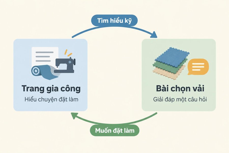 Hai trang liên kết theo nhu cầu: từ trang gia công sang bài chọn vải để tìm hiểu kỹ, từ bài chọn vải về trang gia công để đặt làm