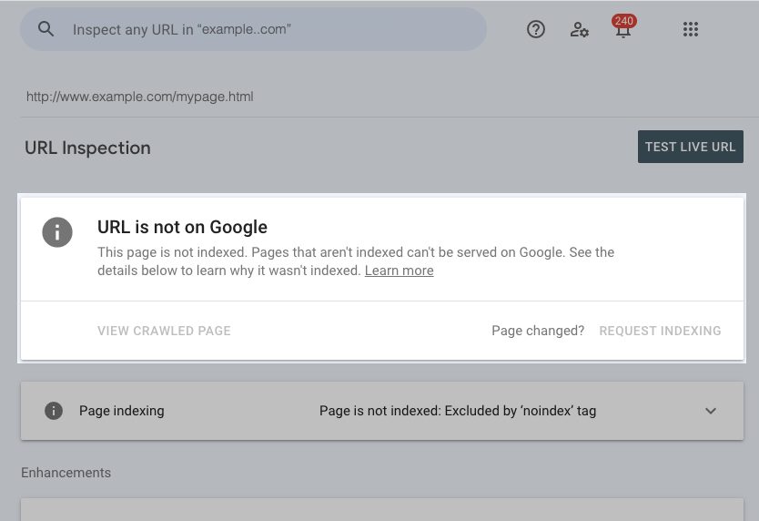 Google minh họa kết quả Kiểm tra URL với trạng thái URL is not on Google