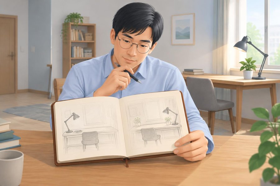 Anh Gồ đối chiếu ghi chép lần ghé trước với chiếc bàn vừa được sắp xếp lại
