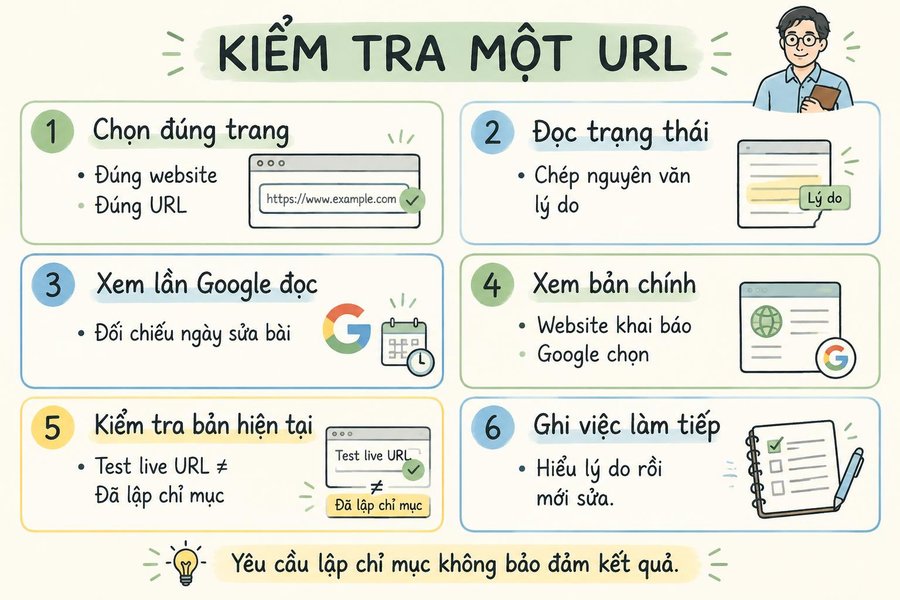 Sketchnote sáu bước đọc kết quả Kiểm tra URL và ghi lại việc cần làm tiếp