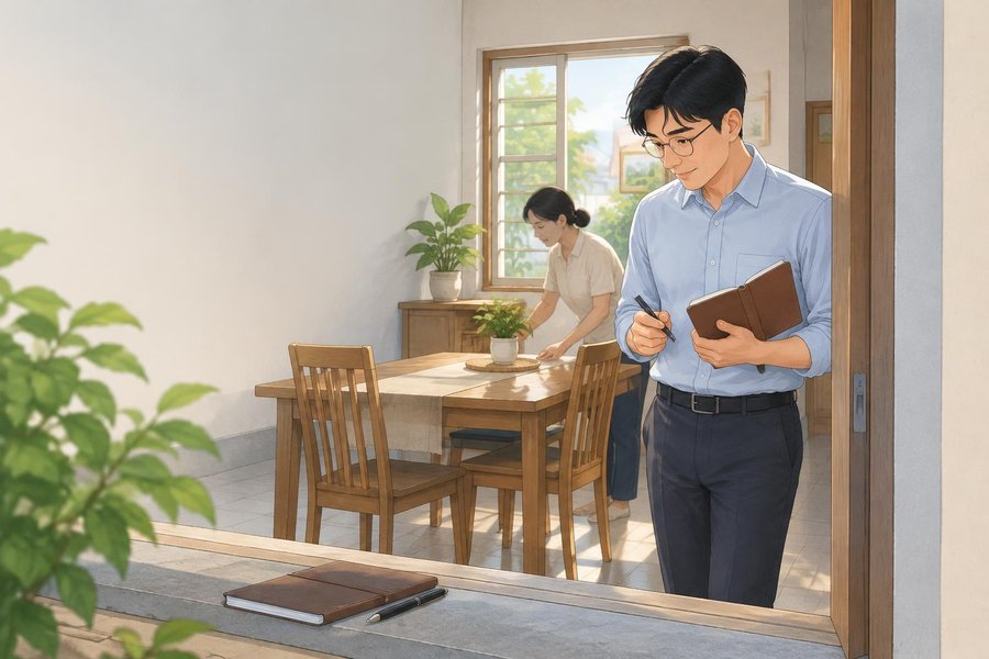 Anh Gồ đối chiếu ghi chép trong sổ nâu với căn phòng vừa được sắp xếp lại