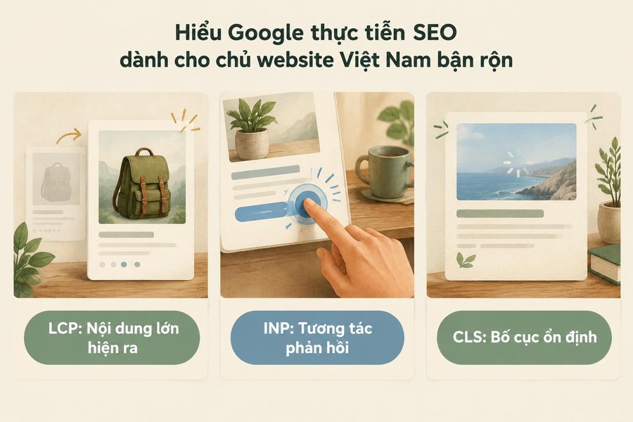 Minh họa ba trải nghiệm mà LCP, INP và CLS phản ánh