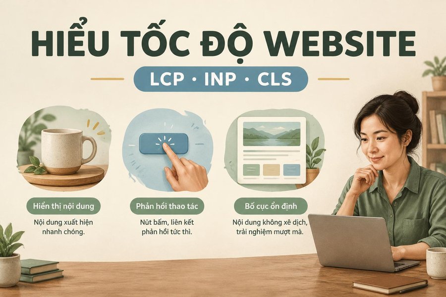 Ảnh đại diện tốc độ website với ba ý nội dung hiện, bấm phản hồi và bố cục ổn định