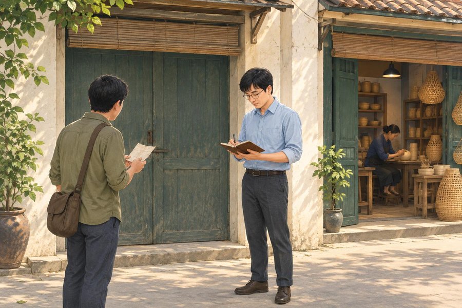 Anh Gồ cùng người khách kiểm tra địa chỉ của một căn phòng không còn tồn tại