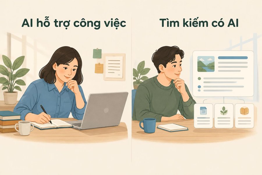 Hai hướng tìm hiểu: dùng AI hỗ trợ công việc và tìm hiểu tìm kiếm có AI.