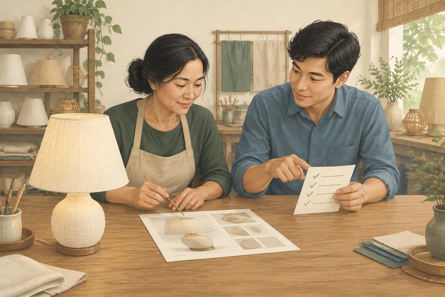 Người chủ xưởng đọc nội dung sản phẩm cùng người phụ việc cầm bảng kiểm