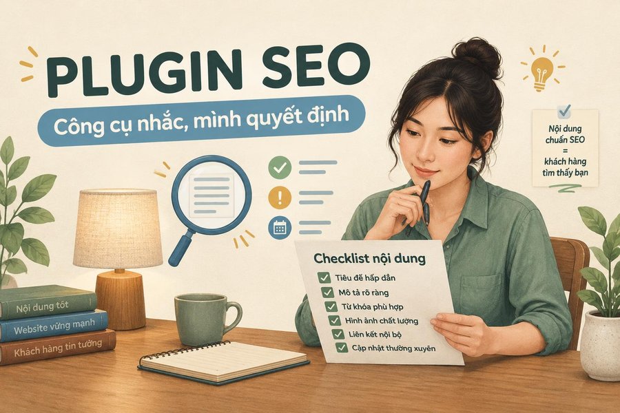 Ảnh đại diện plugin SEO với tên chủ đề và nhân vật rà thông tin nội dung