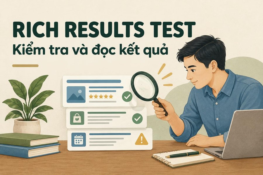 Ảnh đại diện Rich Results Test với nhân vật kiểm tra các thẻ dữ liệu