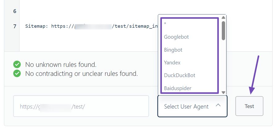Bộ kiểm tra robots.txt trong Rank Math với ô URL, lựa chọn user agent và nút Test