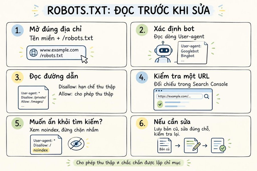 Sketchnote sáu bước mở, đọc và kiểm tra robots.txt trước khi thay đổi