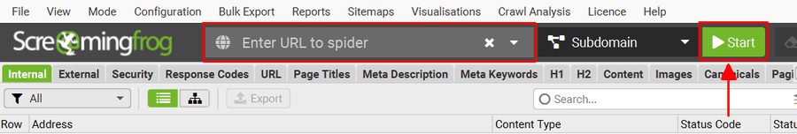 Ô Enter URL to spider và nút Start trong Screaming Frog SEO Spider