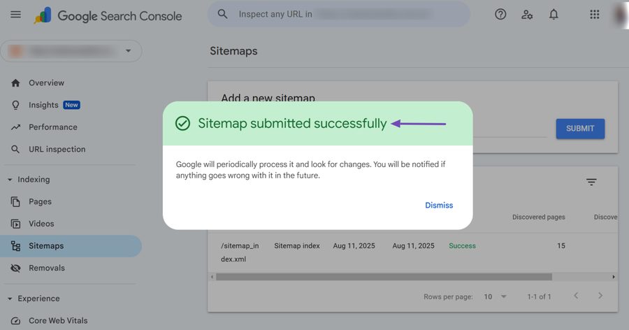 Thông báo đã gửi sitemap thành công