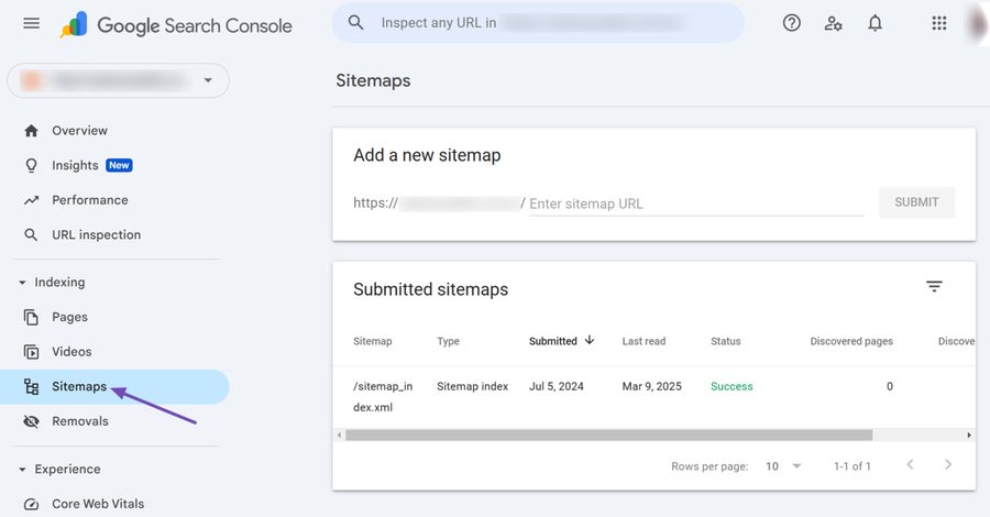Bảng sitemap đã gửi: ngày gửi, lần đọc, trạng thái và trang phát hiện