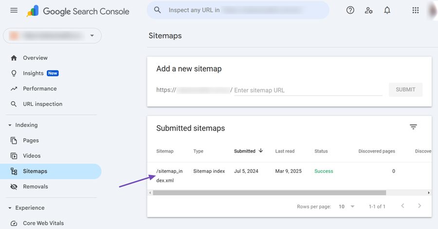 Chọn một dòng sitemap để mở chi tiết