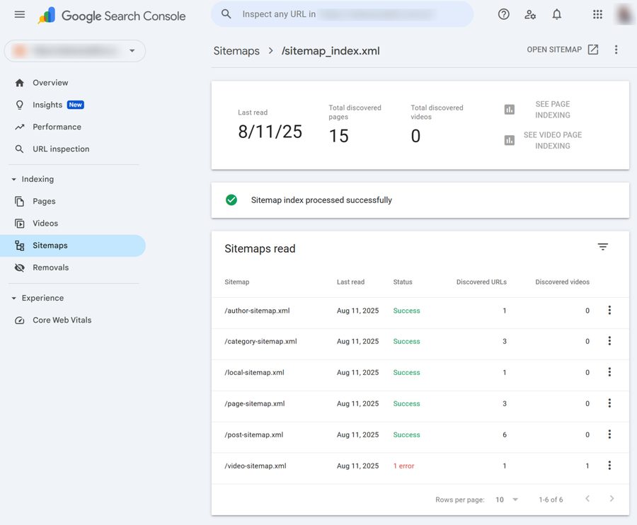 Chi tiết sitemap index và trạng thái các sitemap con