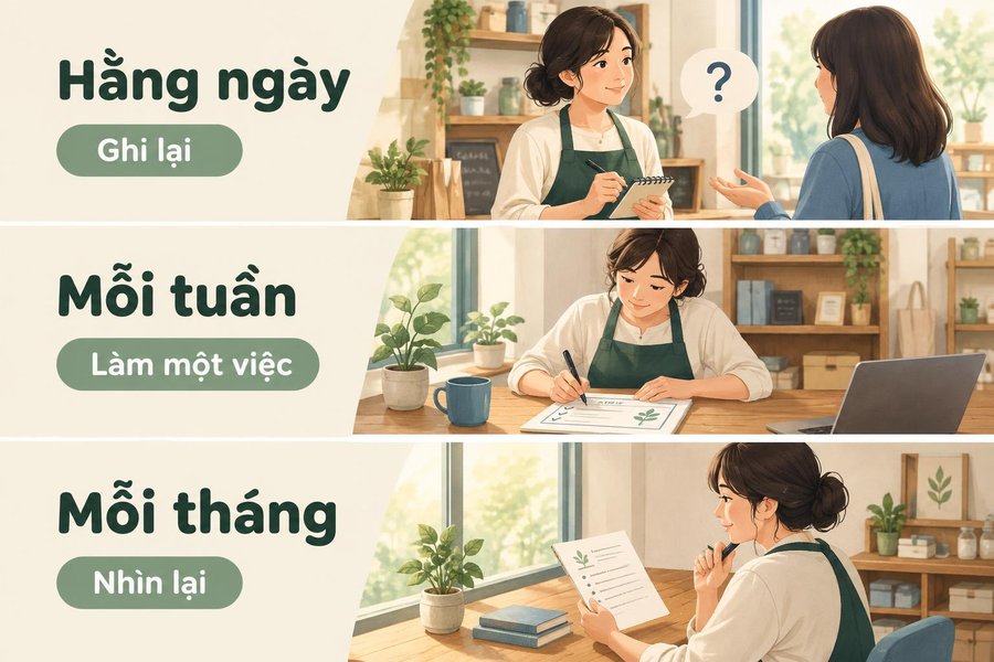 Nhịp chăm website vừa sức: ghi lại trong ngày, làm một việc mỗi tuần và nhìn lại mỗi tháng.