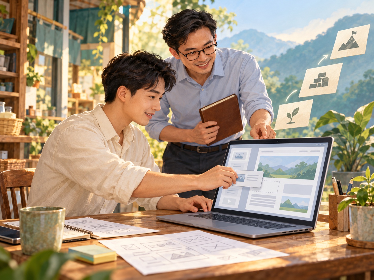 Minh họa người tự xây dựng website trên laptop cùng Anh Gồ cầm sổ hướng dẫn từng bước.